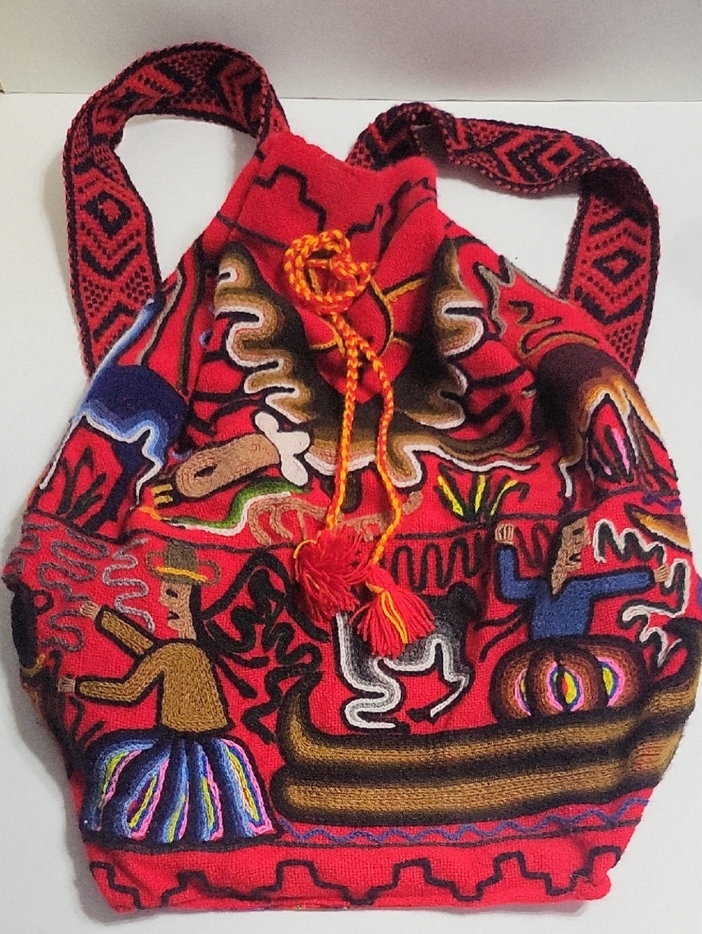 Handmade Peruvian wool rucksack Embroidered Drawstring Backpack